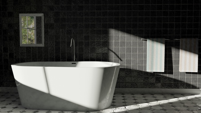 Render of a freestanding bathtub in a tiled bathroom