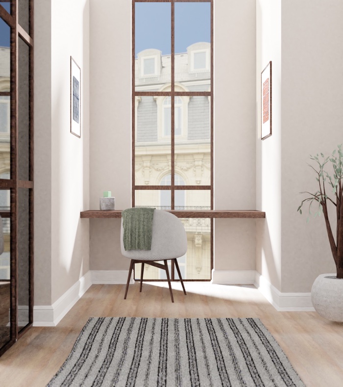 Render of a sunlit room with a chair and a tall window