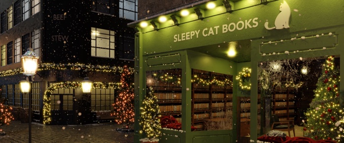 Night render of a bookshop storefront